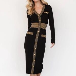 Baltic Born Black Birgitta Ribbed Sweater Dress with Gold Accents